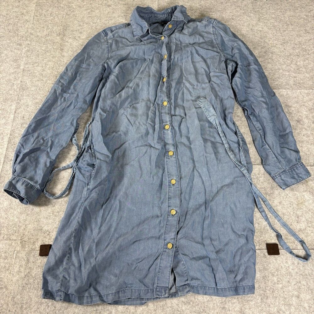 Uniqlo Long Sleeve Shirt Dress Cotton Denim Button Front w/ Tie Chambray Small